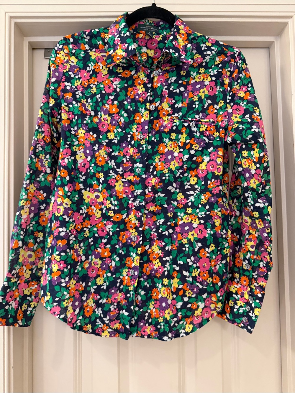 90s Y2K Ralph Lauren Small 100% Cotton Navy Colorful Floral Button-Down Shirt